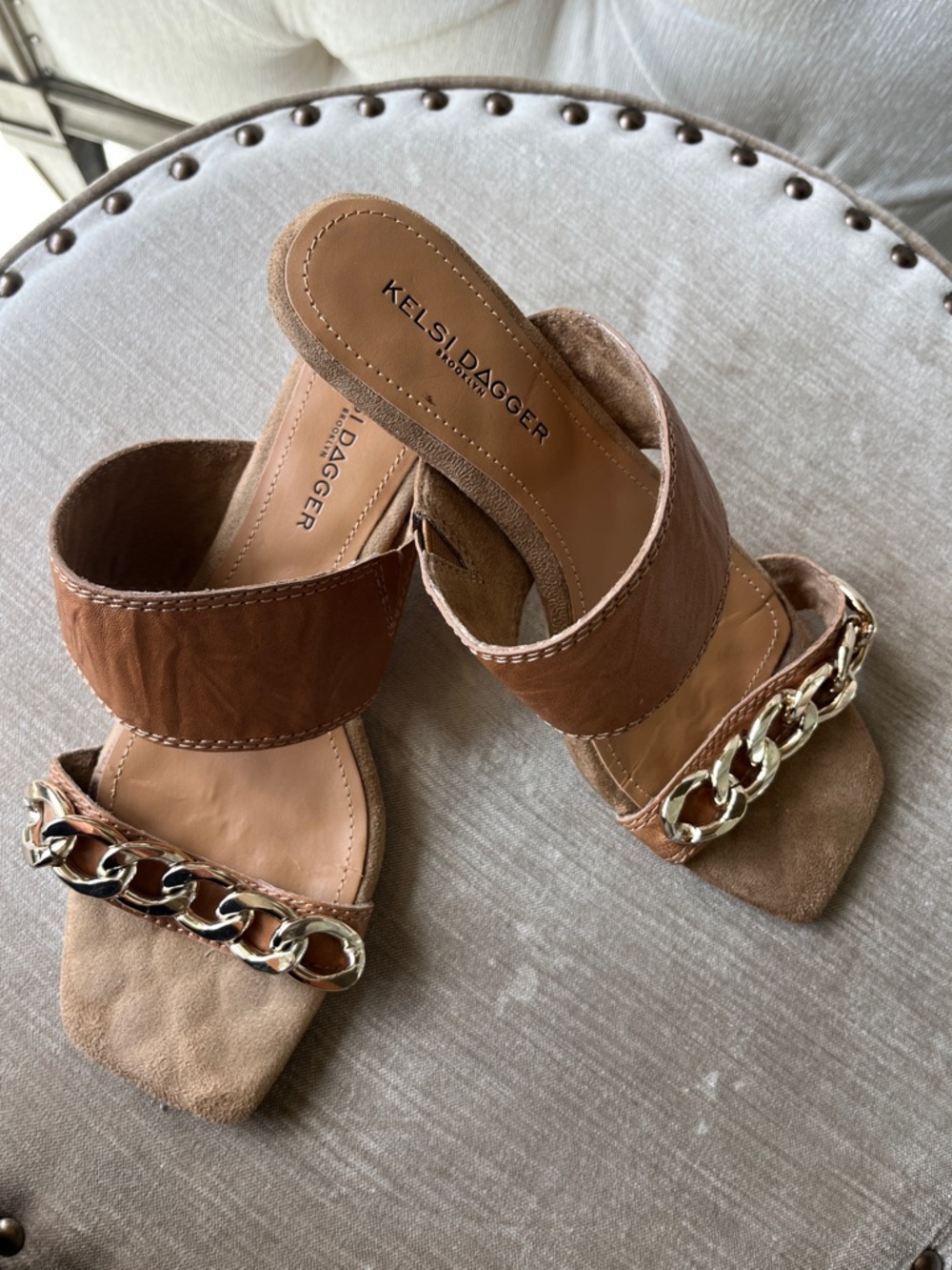 Brown leather kitten heel sandals